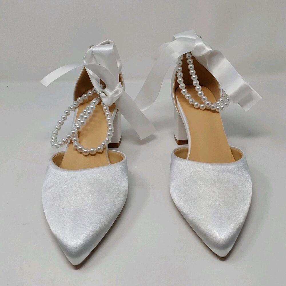 White Satin Bridal Pearl Ankle Strap Block Heel Wedding Pumps Women’s Size 8.5 - Picture 2 of 15